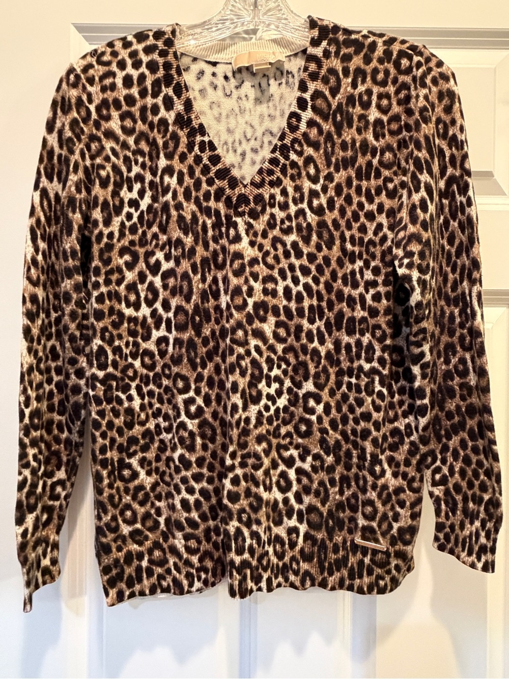 MICHAEL Michael Kors Leopard V-Neck Sweater - Brown/Cream